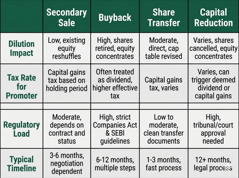 secondary sale vs buy back vs share capital